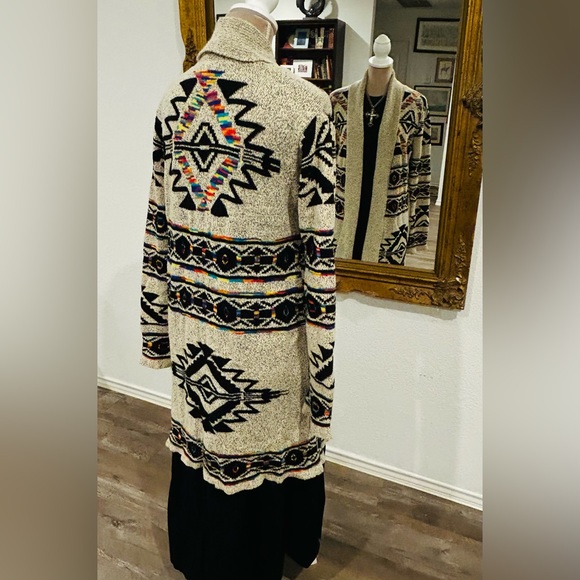 Aztec Tribal Southwestern Cowboy Western Rodeo style long Cardigan Sz Large - Picture 4 of 7